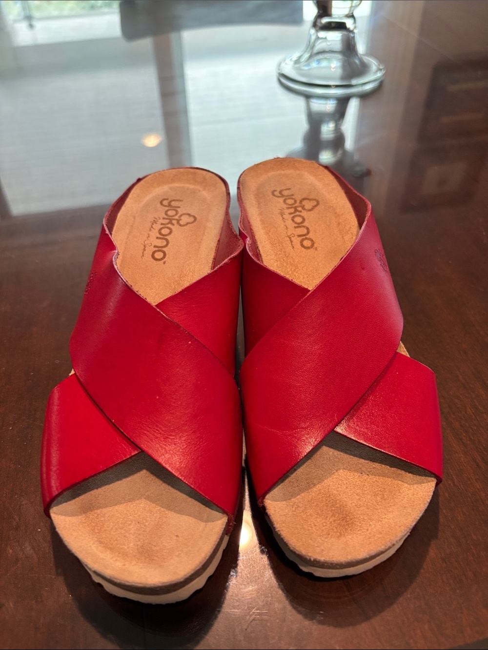 Yokono Red Leather Crossover Slide Sandals - Picture 3 of 7